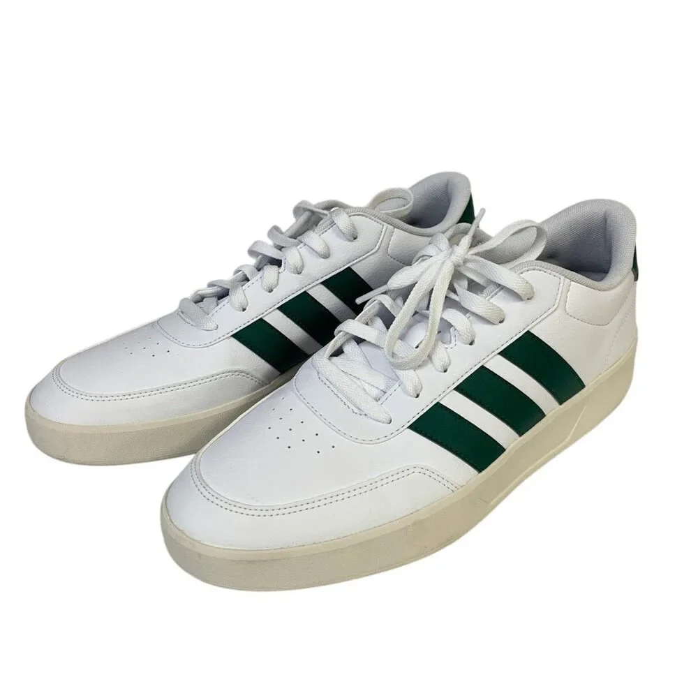 New In Box Adidas Men Size 10 White Faux Leather Green Stripe Breaknet 3.0 Shoes
